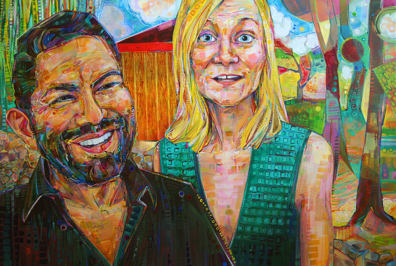 painted portrait of good friends with a garden in the background