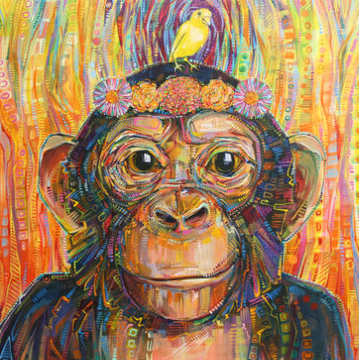 chimpanzee wearing a flower crown with a canary on her head