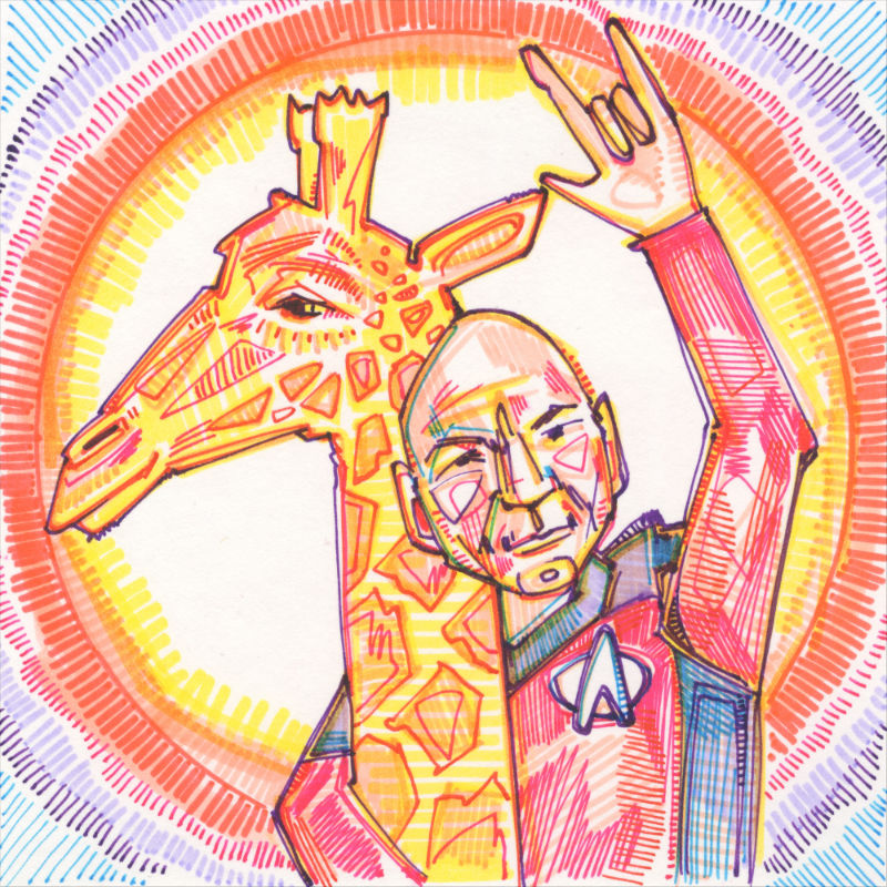 dessin de Patrick Stewart et une girafe
