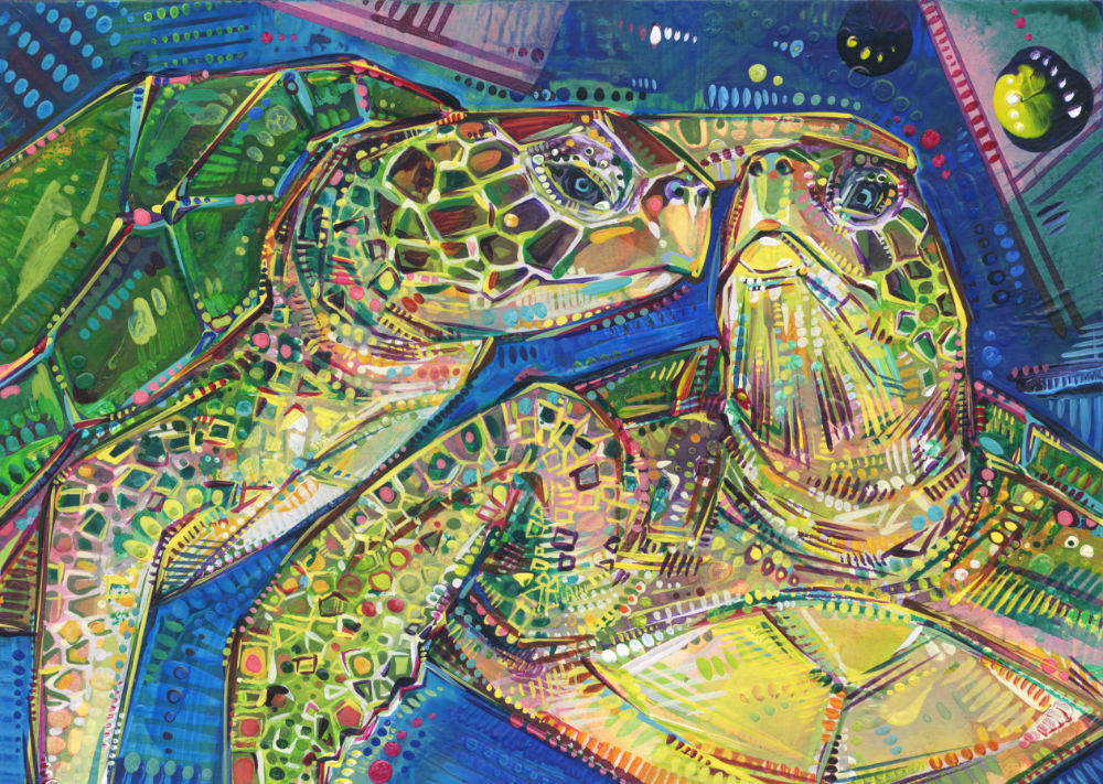 acrylic painting of two sea turtles