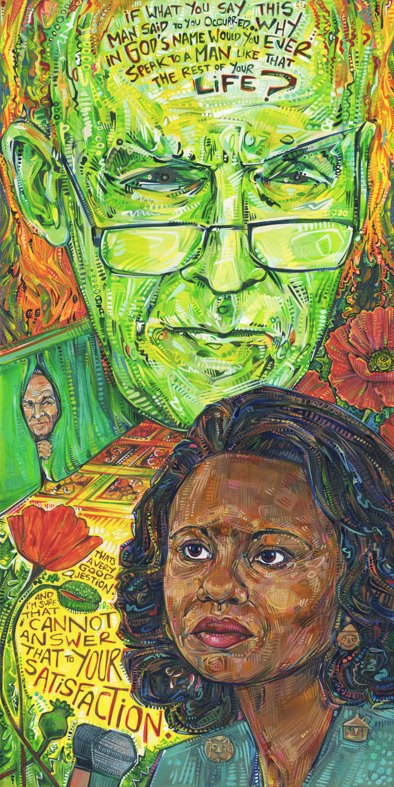 Anita Hill as Dorothy from the Wizard of Oz confronting Senator Alan Simpson painting from 2017