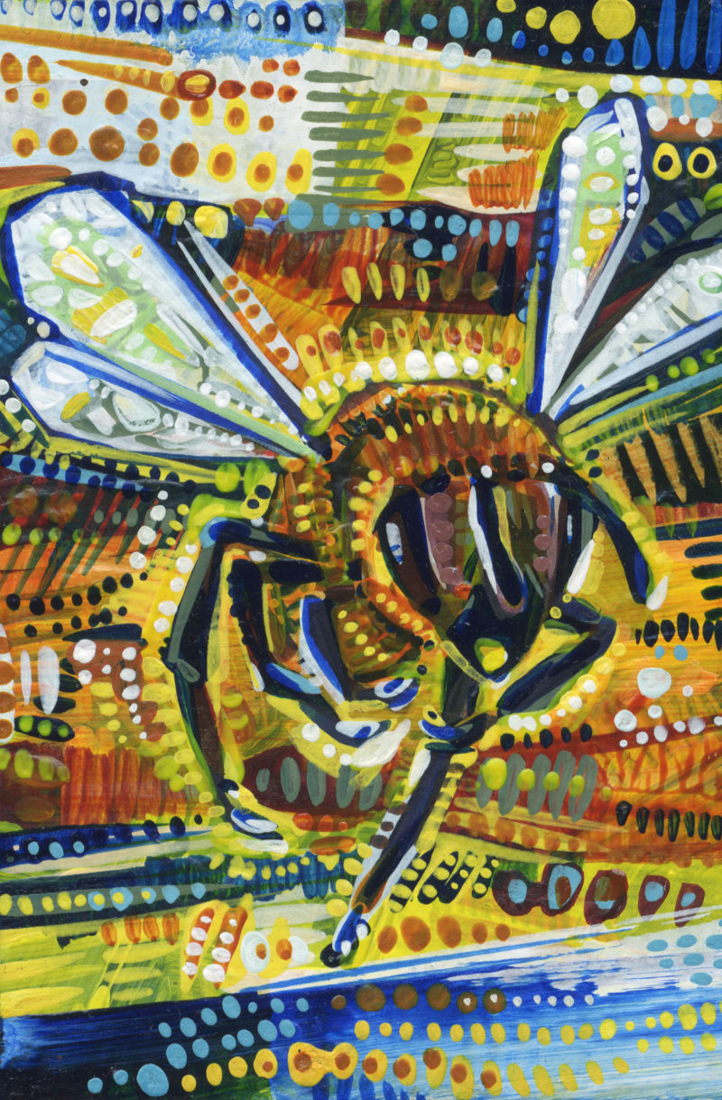 a colorful crosshatched painting of a bee flying