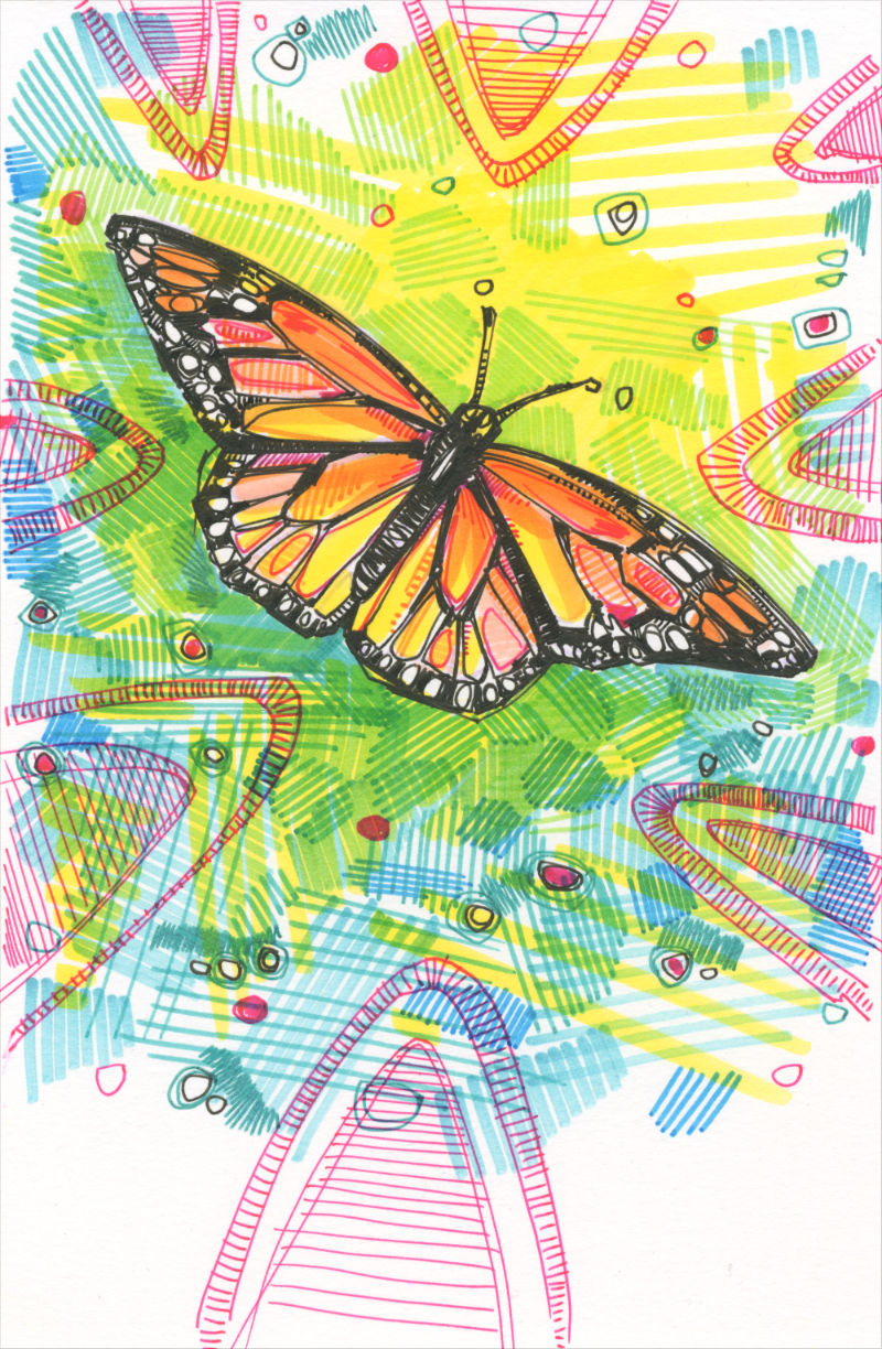monarch butterfly seen from above with green and pink abstract marks around the insect