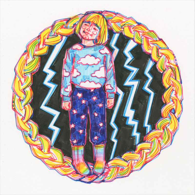 a small girl wearing parts of the sky and surrounded by lightning, all contained in a circular braid