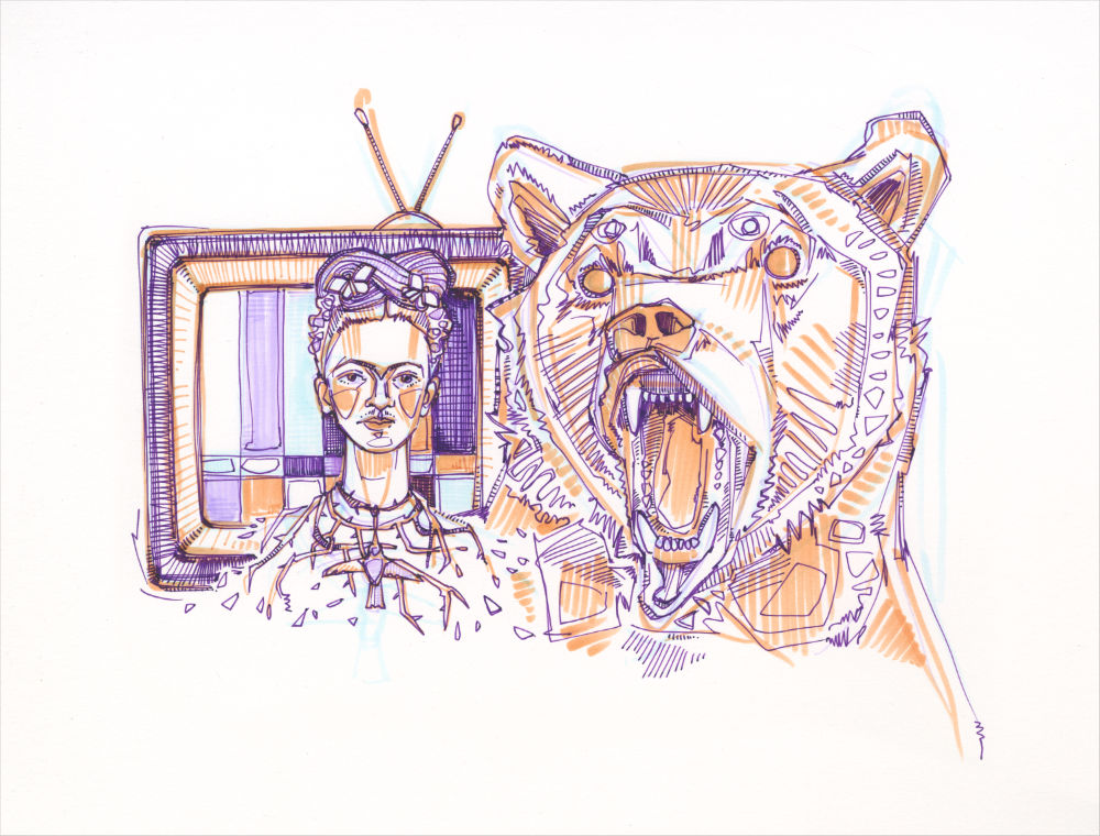 Frida Kahlo with thorns around her neck and a hummingbird in her hair, next to her there is a roaring bear and behind her there is an old television