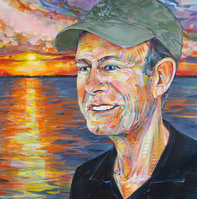 a colorful crosshatched portrait of a white man wearing a baseball cap with a sunset over water behind him