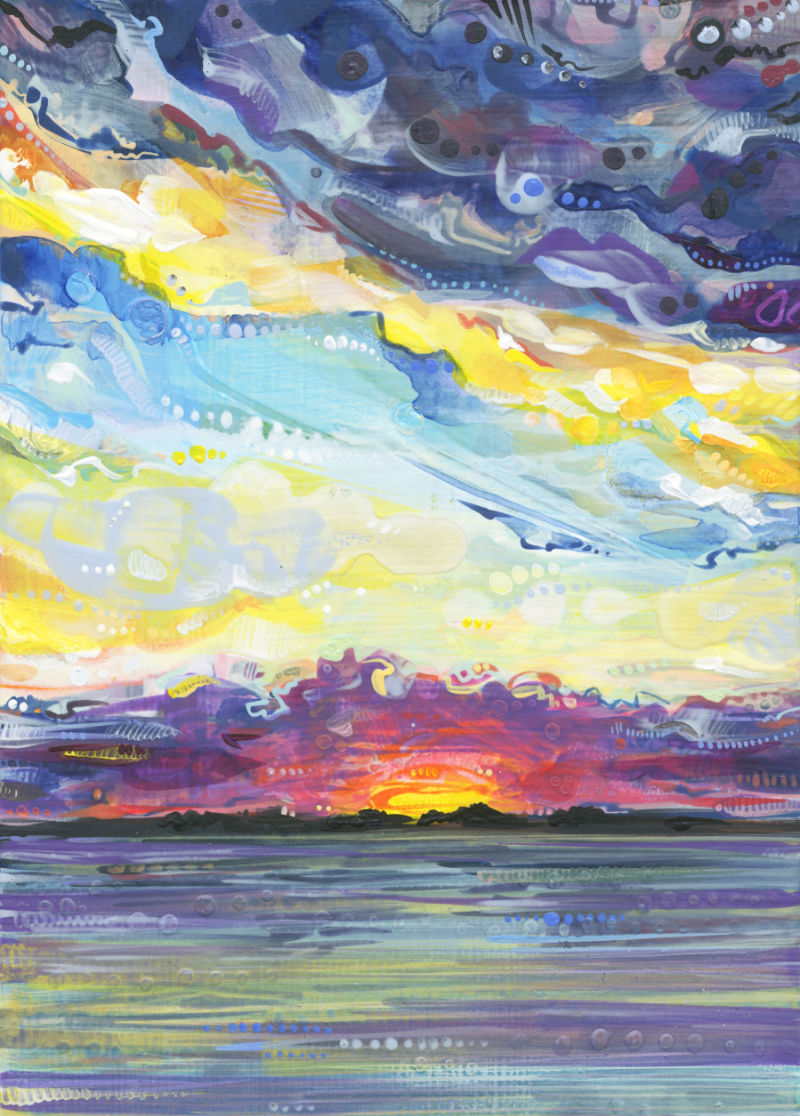 a colorful crosshatched painting of a sunset over water
