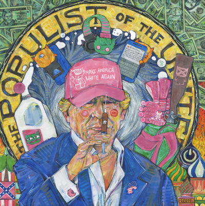 political art that was featured in Newsweek, portrait of 45 and all his crimes, art for sale