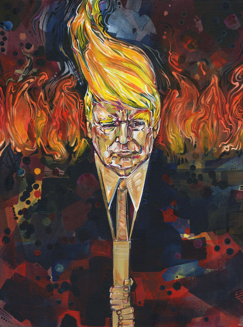 Trump as a Tiki torch, a reference to his support of the white supremacists in Charlottesville, Virginia in 2017