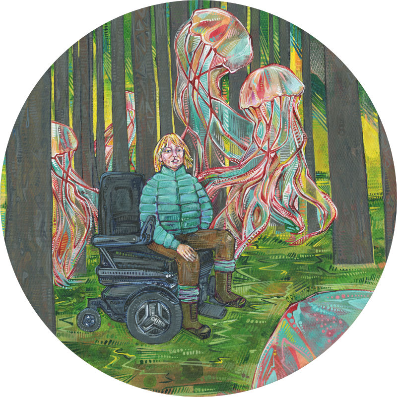 woman in a wheelchair in the woods, surrounded by jellyfish