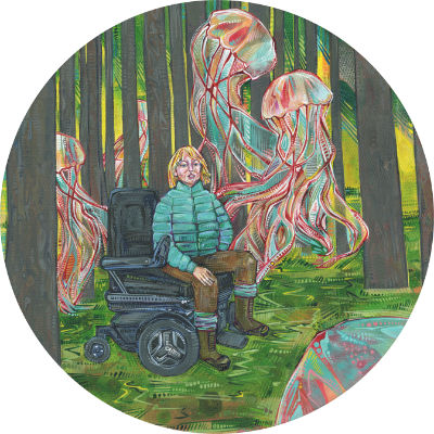 painting of a woman in a wheelchair in the woods, surrounded by jellyfish