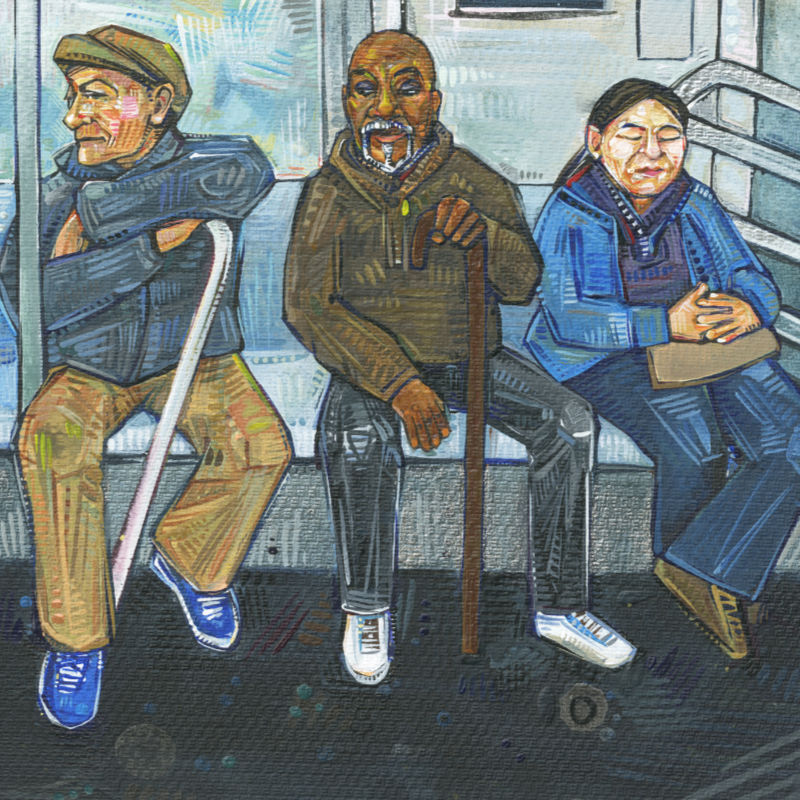 painting of people in a New York subway car