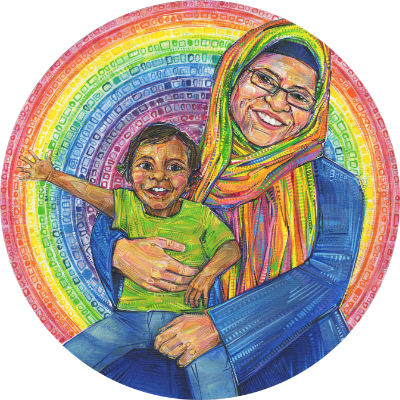 a child with his mother, who is wearing a rainbow hijab