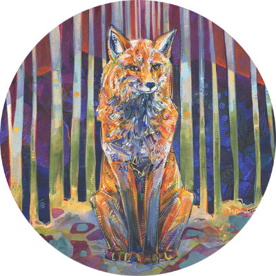 red fox seated, staring at you, painted in a circular composition