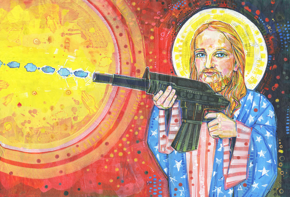 a blond representation of Jesus wearing robes made of the American flag and shooting thoughts and prayers out of an AR-15 gun