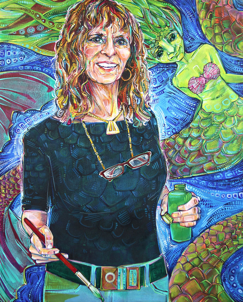 a white woman holding a paint brush and a bottle of paint with mermaids swimming behind her, painted in bright colors and bold strokes