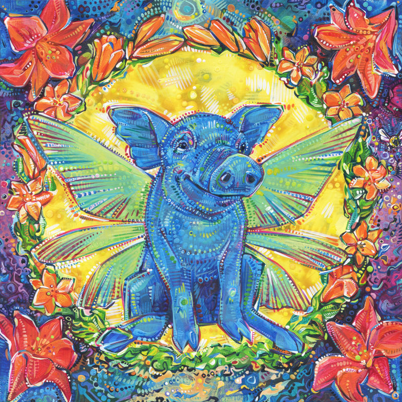 a colorful crosshatched painting of a fairy pig surrounded by lilies