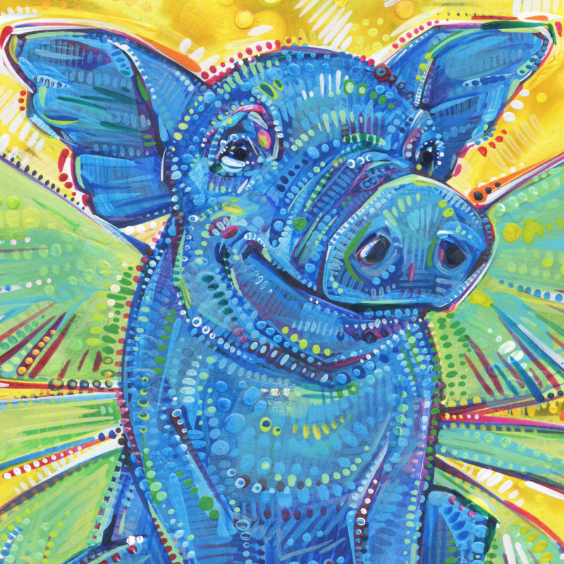 a colorful crosshatched painting of a blue fairy pig
