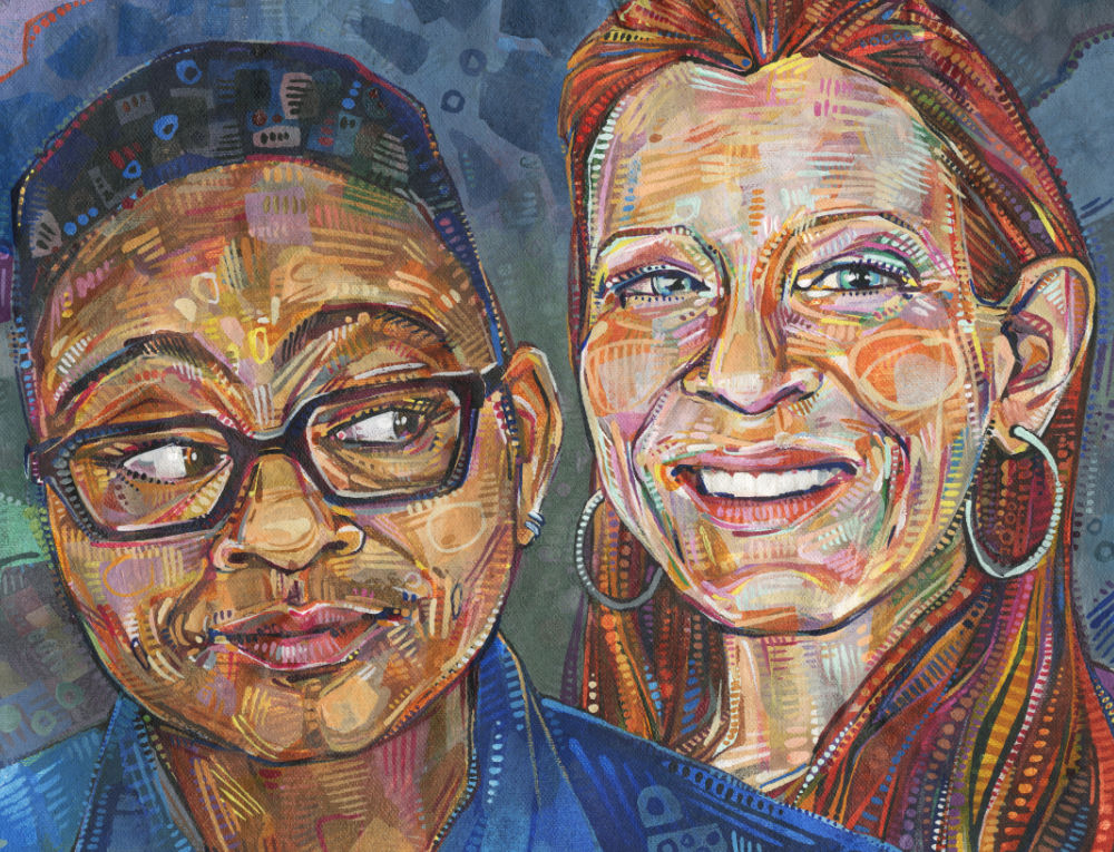 double portrait of a black woman and a white woman painted in acrylics