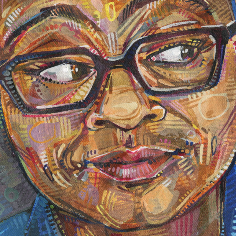 painterly portrait of a black woman with glasses giving a sidelong glance