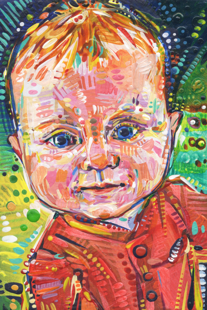 a tiny colorful portrait of a 5 month old white baby with red hair