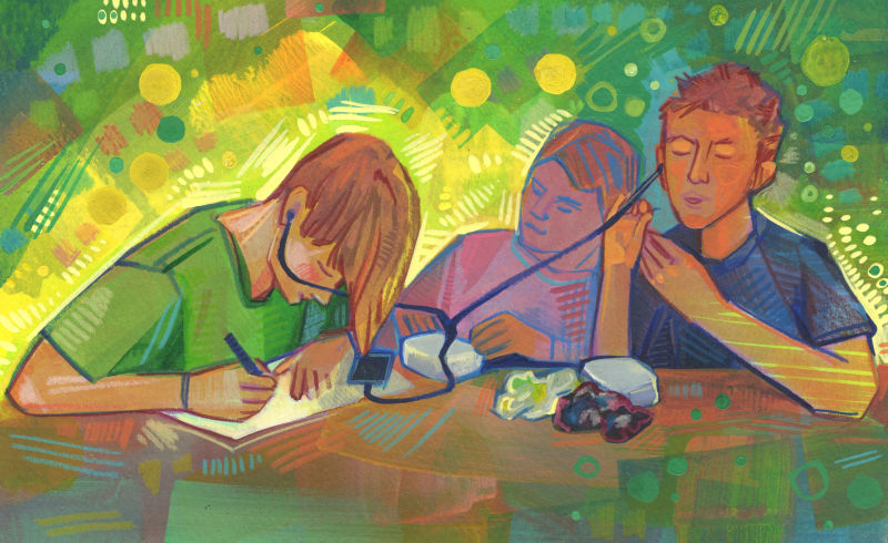 three kids drawing, felting, and listening to music, in mixed media on paper