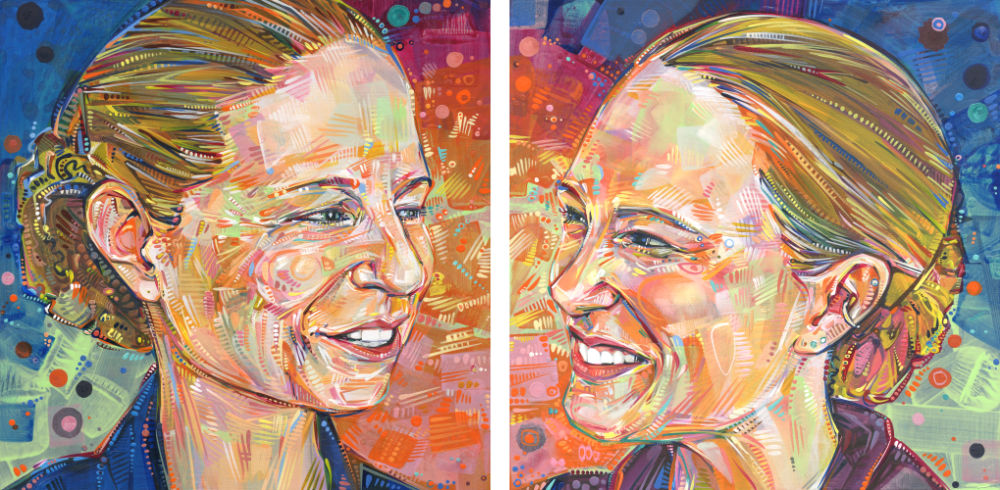 happy couple, two portraits painted by woman artist Gwenn Seemel
