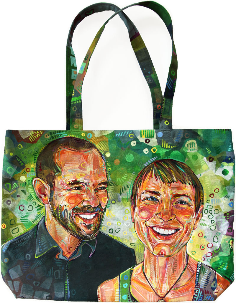 happy couple, double portrait painted on a canvas tote