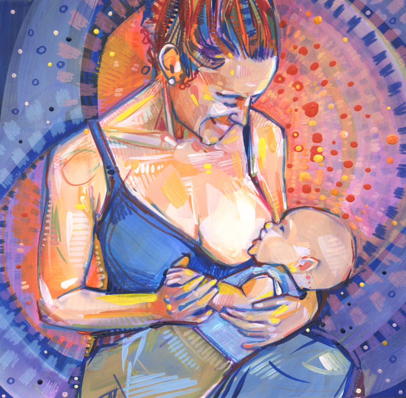 femme qui allaite son bébé, acrylique et crayon de couleur