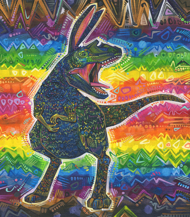 rabbit-dinosaur mash-up creature with a rainbow background