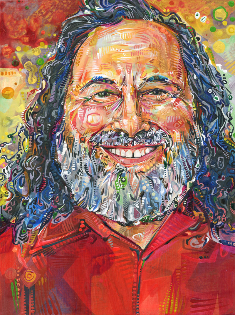 a colorful crosshatched painting of a Richard Stallman of the Free Software Foundation