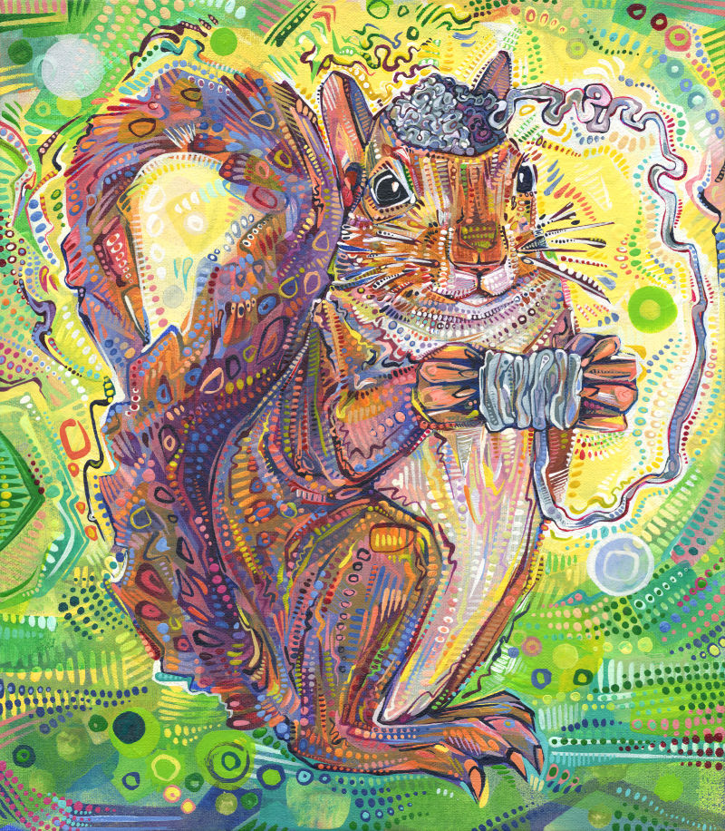 a colorful crosshatched painting of a squirrel unraveling her brain