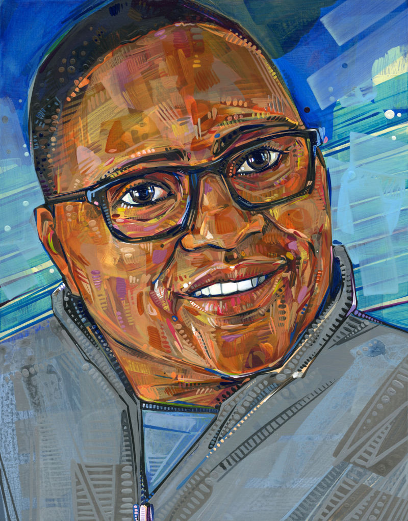 Erica Smiley, Jobs with Justice director and author of The Future We Need, colorful acrylic painted portrait by Gwenn Seemel