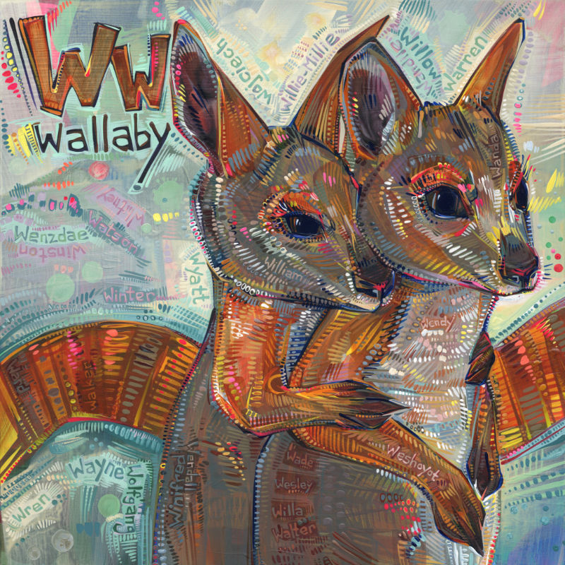 two baby wallabies hugging, wildlife painting