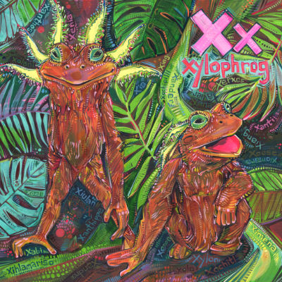 X is for xylophrog, illustration pour un livre d’alphabet anglophone