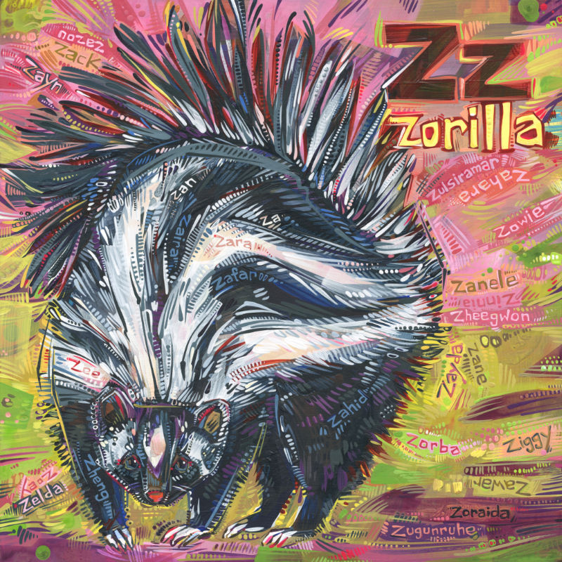 African polecat, zorilla, painted in acrylic on wood