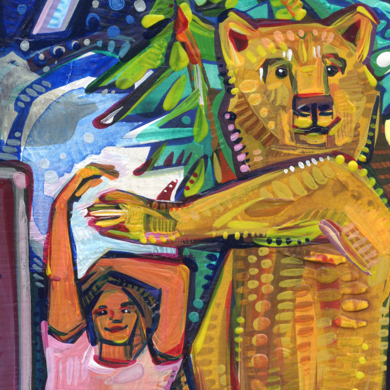 painting of a woman and a bear dancing