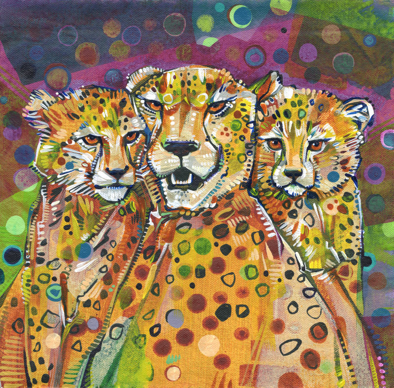 cheetah mom and kittens painting by Jersey artist Gwenn Seemel
