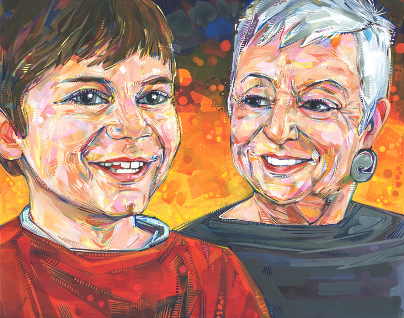painting of a smiling white boy with his white-haired grandmother