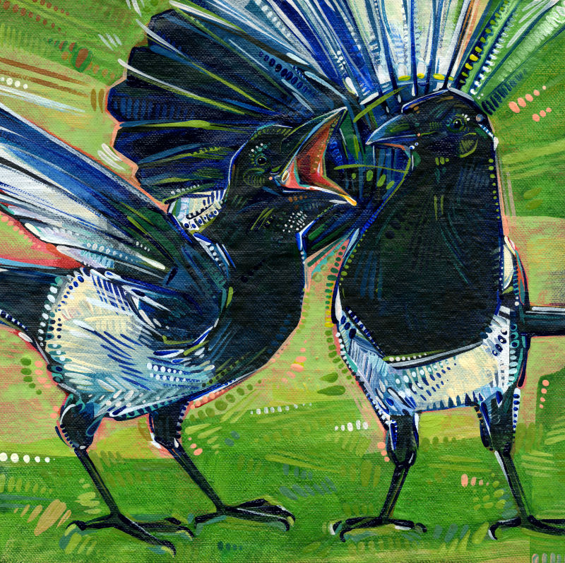 two black-billed magpies arguing painting by Jersey artist Gwenn Seemel