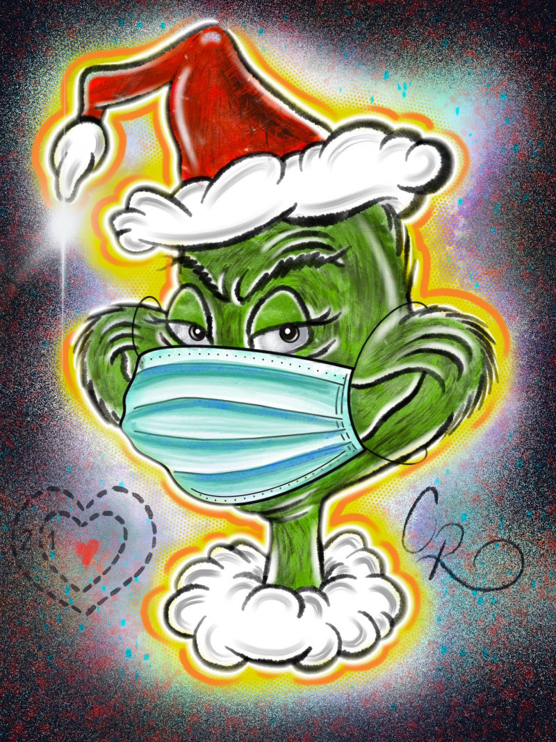 Dr. Seuss’s Grinch wearing a mask because of the pandemic, illustration by Chris Rae