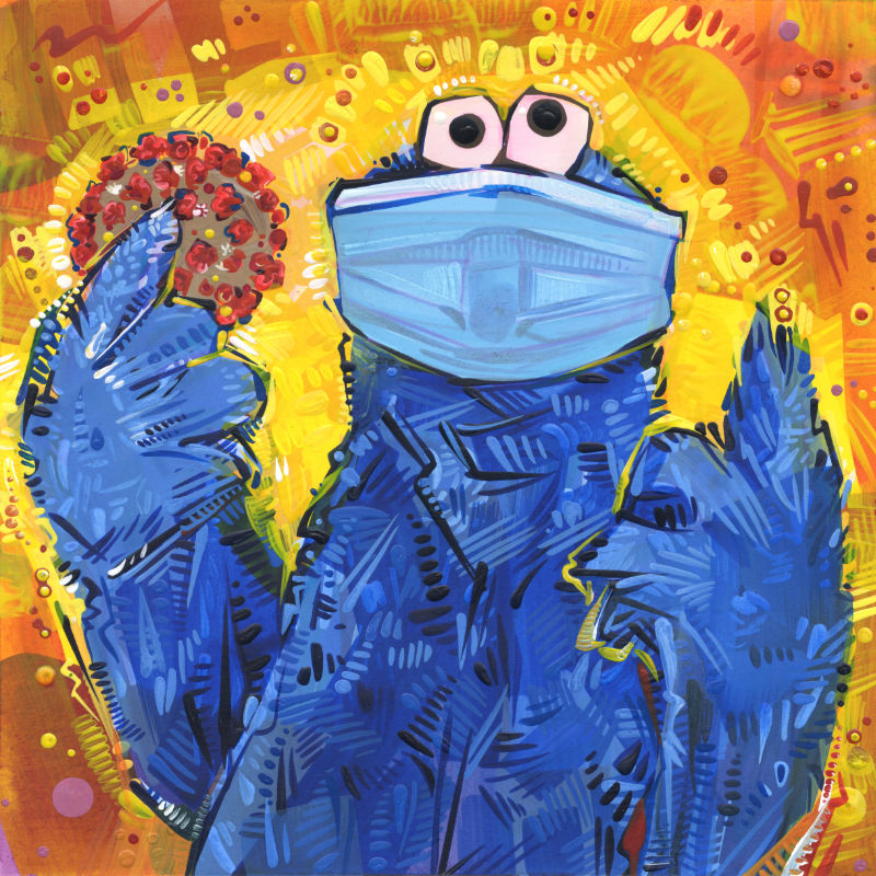 Sesame Street fan art of Cookie Monster wearing a face covering because of the pandemic
