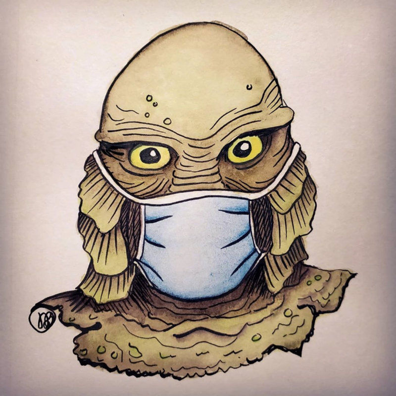 Creature from the Black Lagoon fan art of Gill-man wearing a face covering because of the pandemic