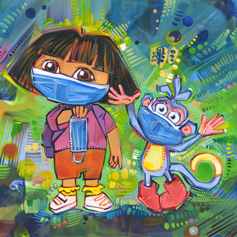 mixed media Dora the Explorer fan art of Dora and Boots wearing face coverings because of the pandemic