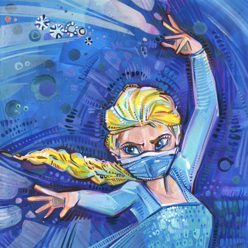 mixed media Frozen fan art of Elsa wearing a face covering because of the pandemic