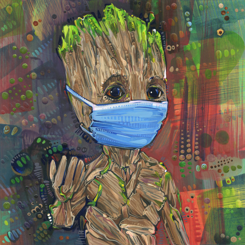 mixed media Guardians of the Galaxy fan art of baby Groot wearing a face covering because of the pandemic