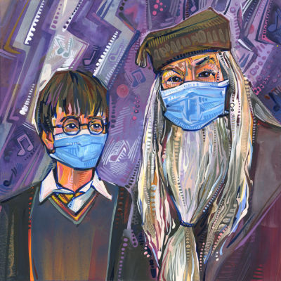 Harry Potter et Dumbledore portent des masques