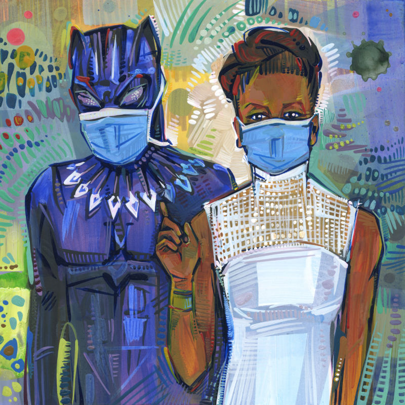 mixed media Black Panther fan art of T’Challa and Shuri wearing face coverings because of the pandemic