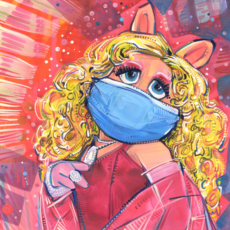 mixed media Muppet fan art of Miss Piggy wearing a face covering because of the pandemic