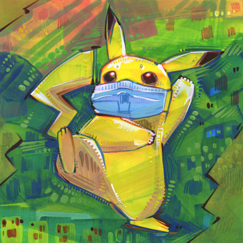 mixed media Pokémon fan art of Pikachu cringing and wearing a face covering because of the pandemic